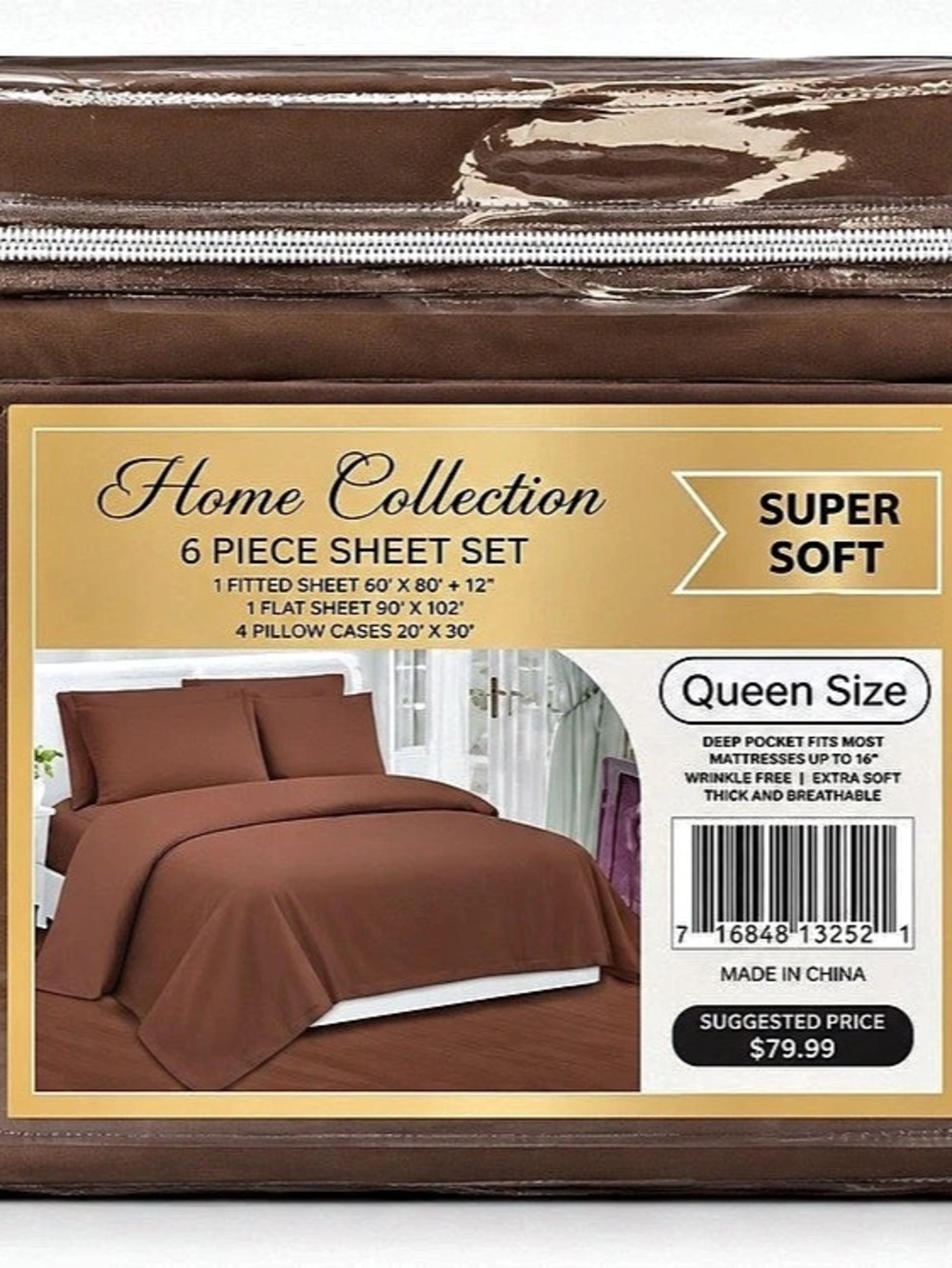 Home Collection 6 Piece Sheet Set Queen Brown New